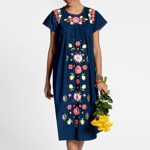 Frances Valentine Navy Midi Dress with Multicolor Floral Embroidery